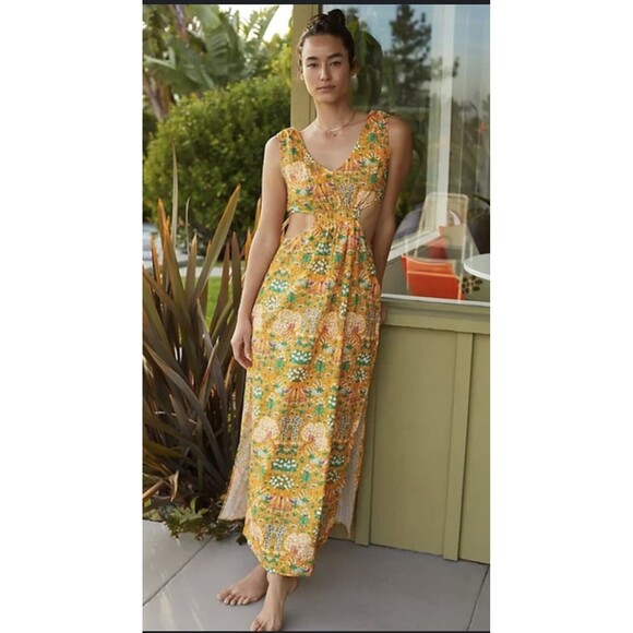 Anthropologie Maeve Women Marie Column Yellow Floral Midi Preppy Dress Sz S New
